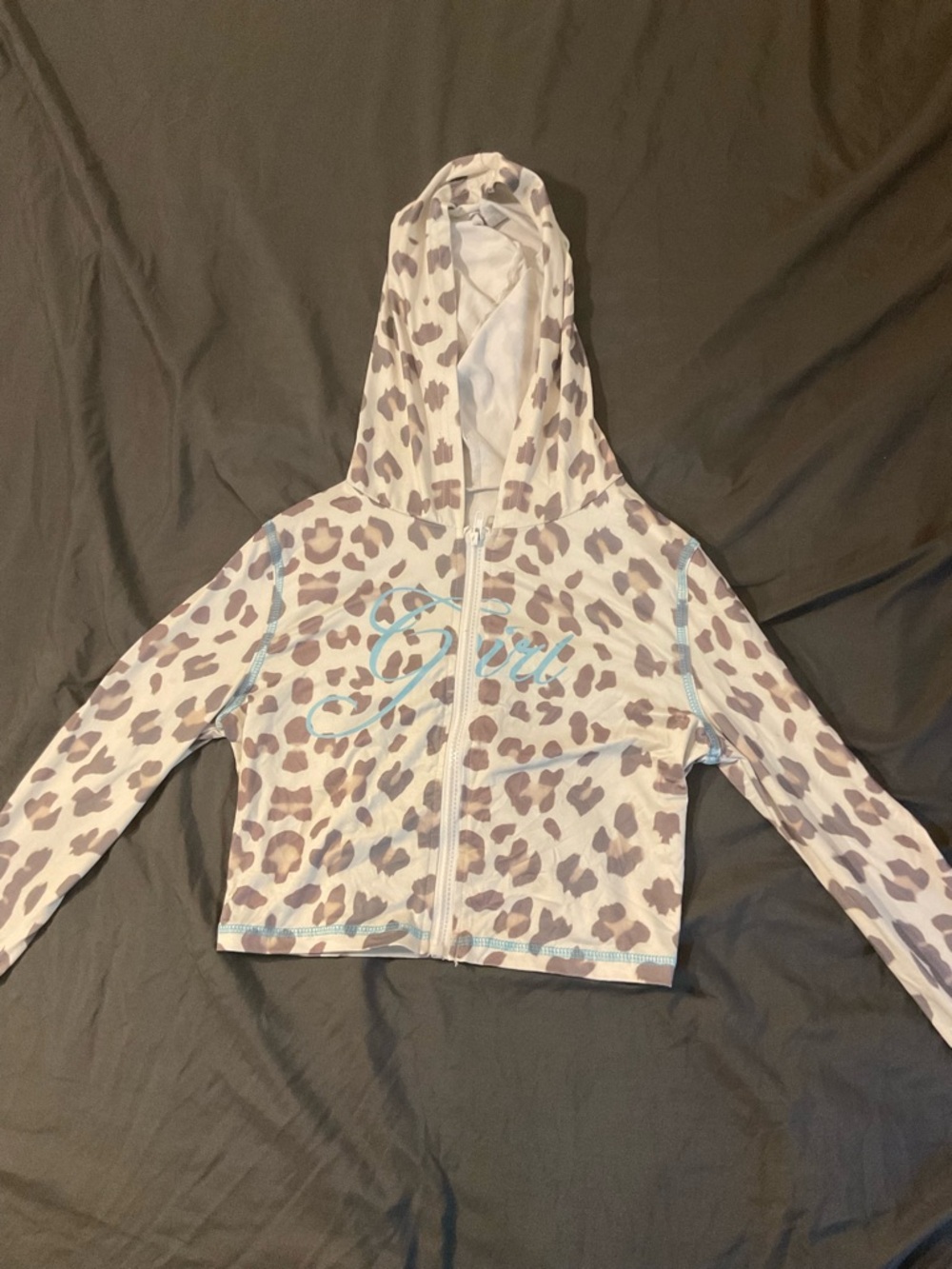 SHEIN Girls' Hooded Zip Jacket in Light Leopard Print with Blue Script